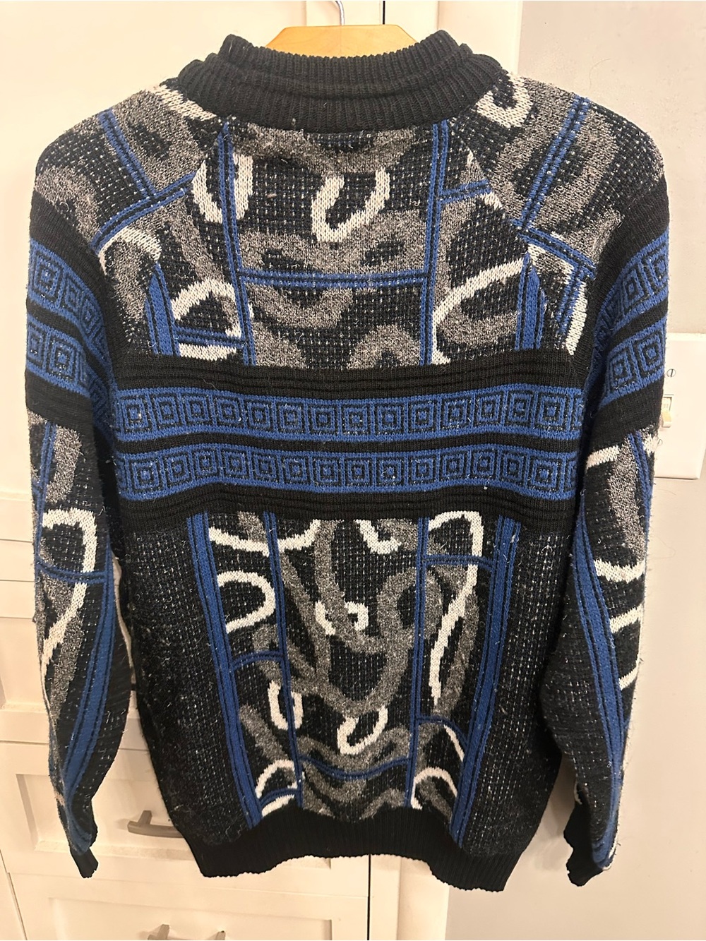 Vintage Italian Knit Sweater Colore Black White Geometric 80s Wool Blend M L